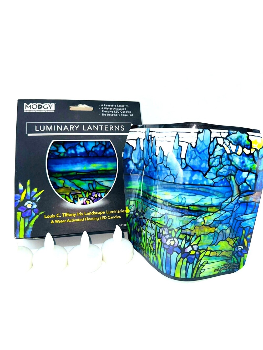 4 NEW Modgy Luminary Lanterns Water Activated LED Candles W/Batts Tiffany Art